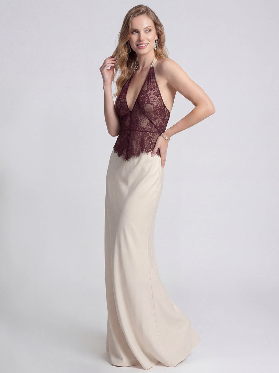 Lace Patchwork Stain Halter Maxi Dress