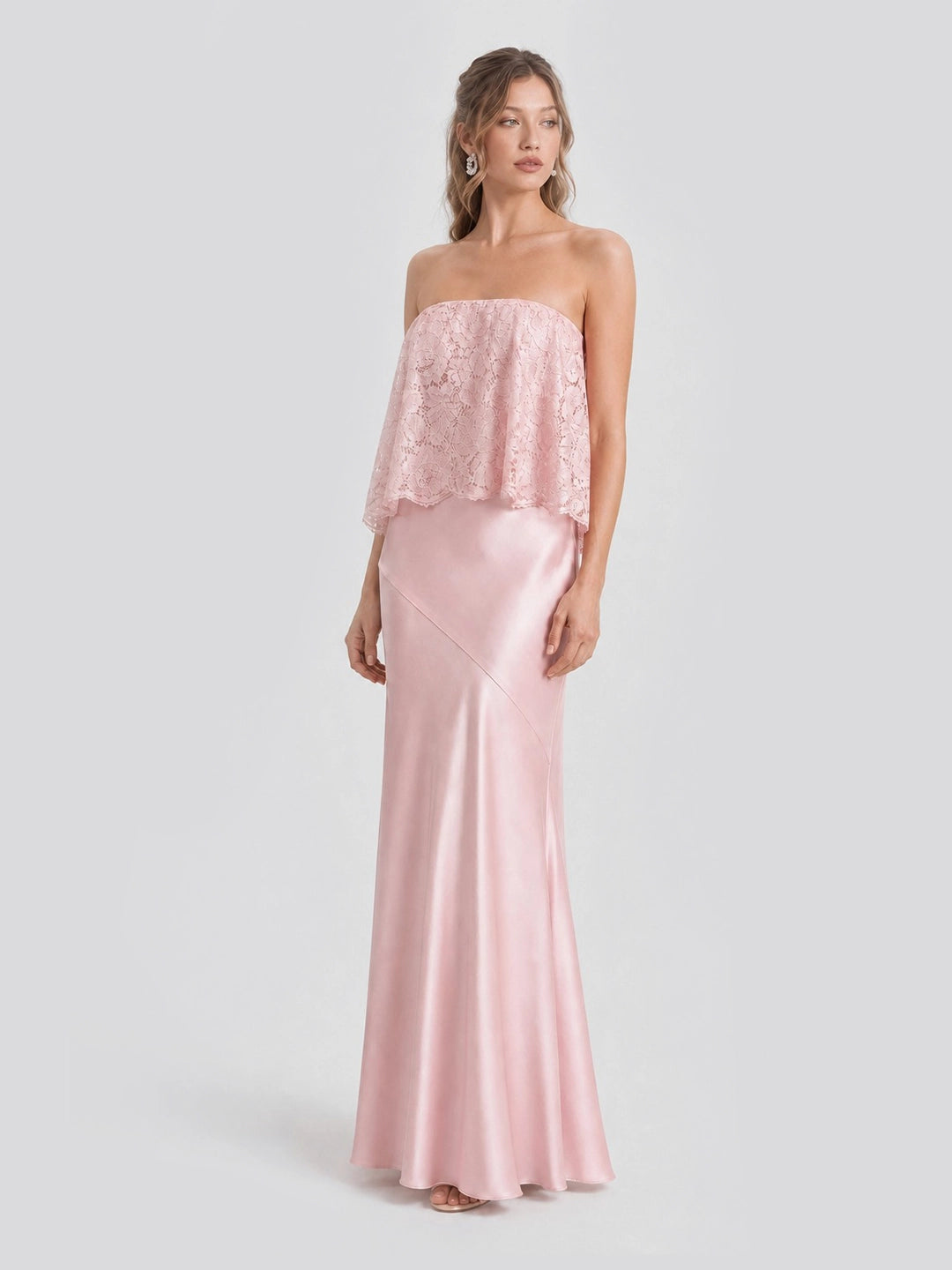 Lace Patchwork Satin Bandeau Maxi Dress