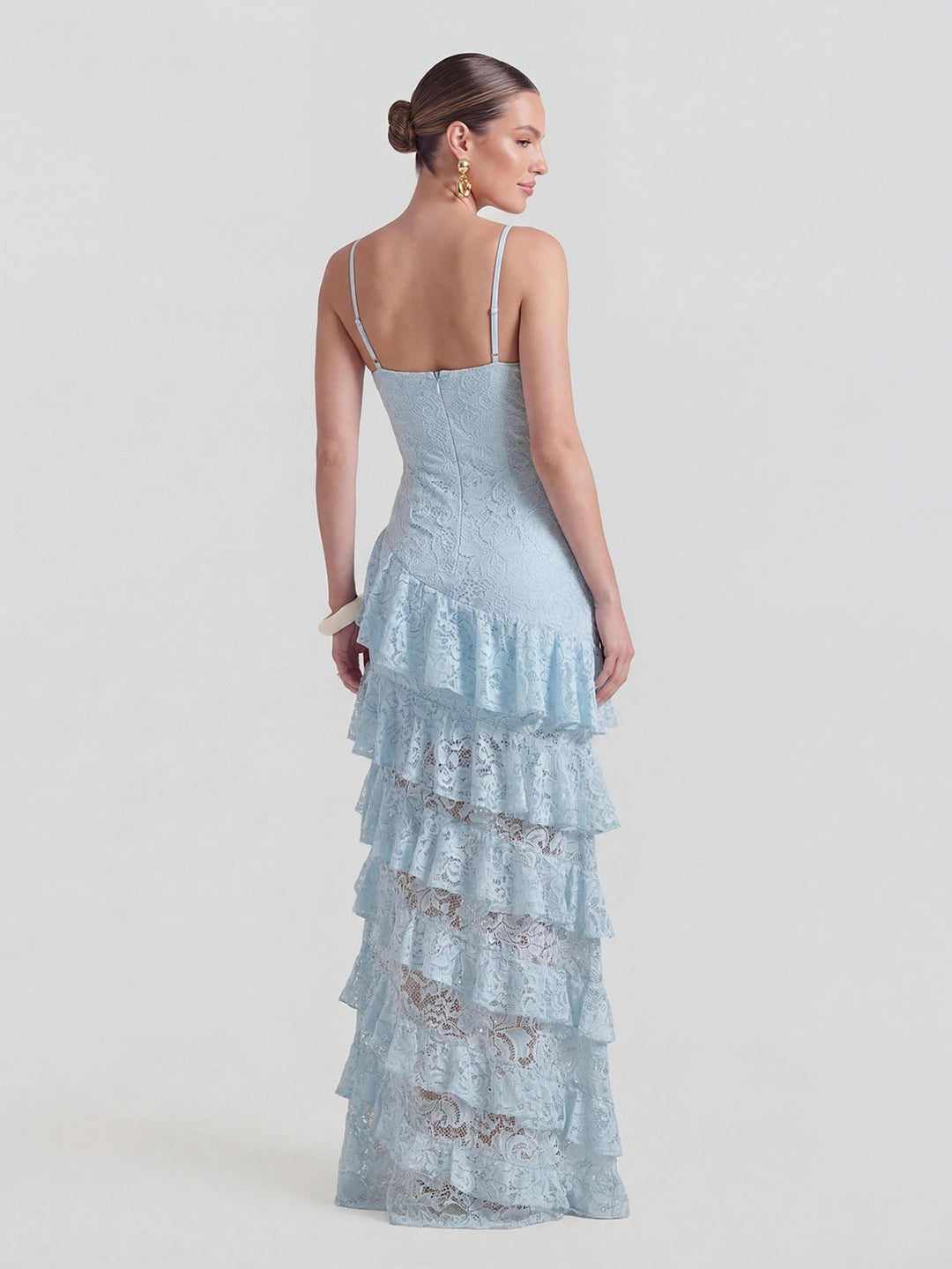 Lace Plunge-Neck Maxi Dress With Ruffled Detailing