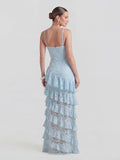 Lace Plunge-Neck Maxi Dress With Ruffled Detailing