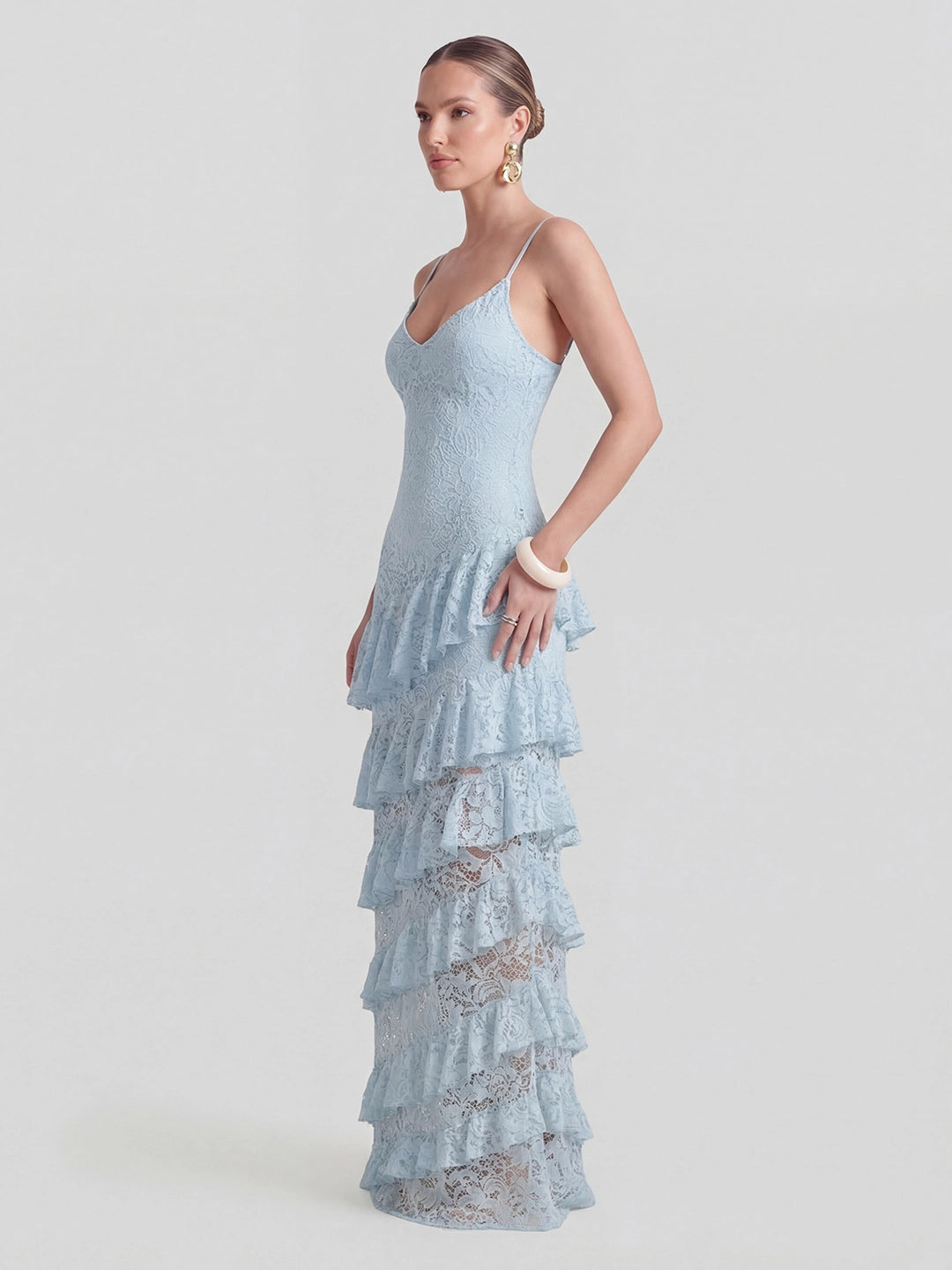 Lace Plunge-Neck Maxi Dress With Ruffled Detailing