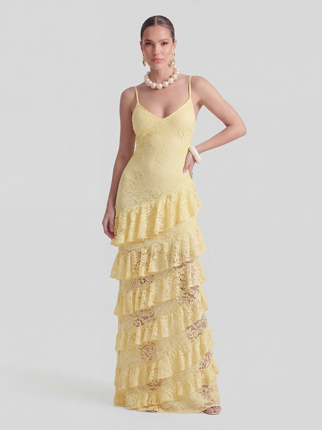 Lace Plunge-Neck Maxi Dress With Ruffled Detailing
