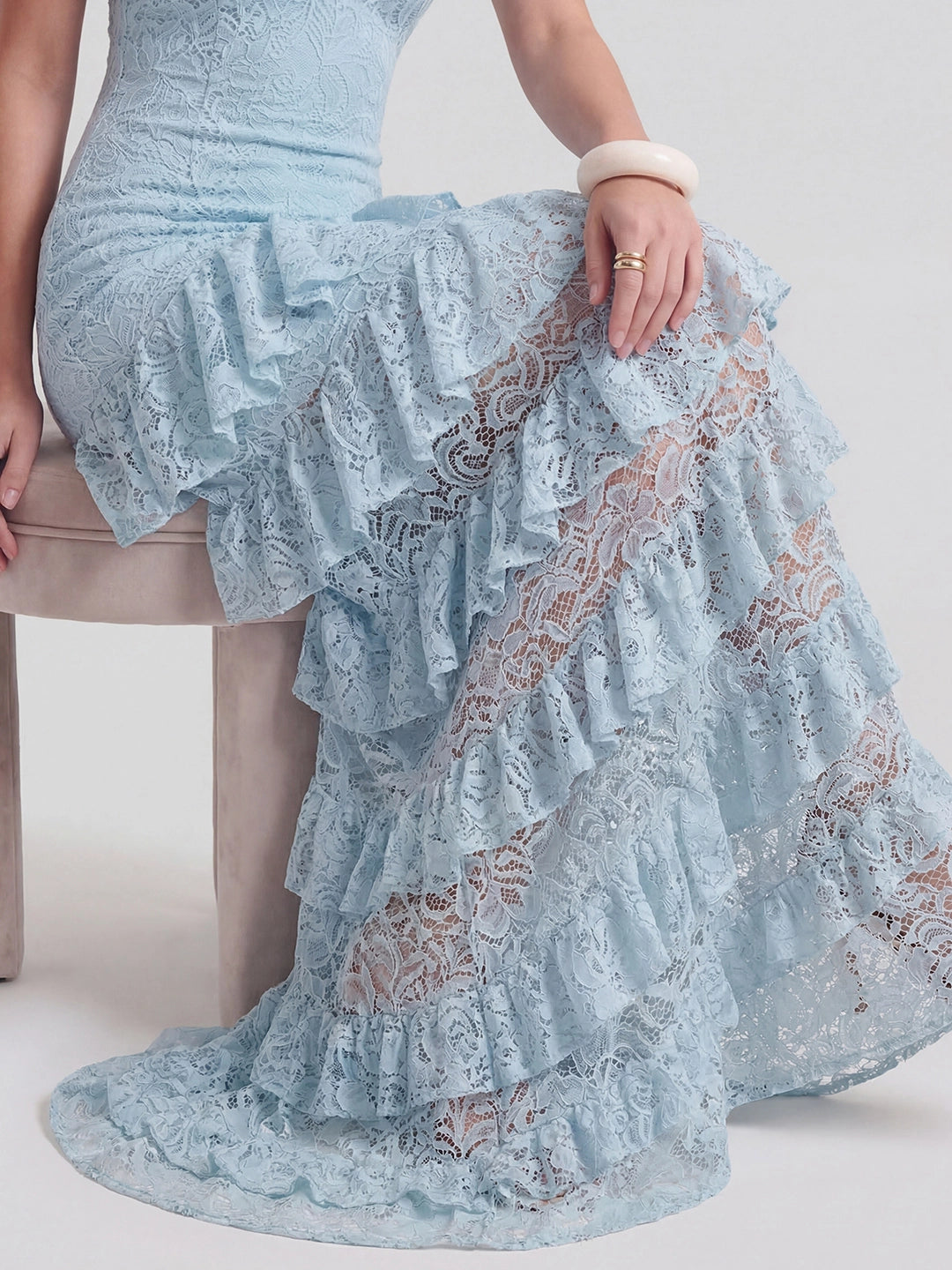 Lace Plunge-Neck Maxi Dress With Ruffled Detailing