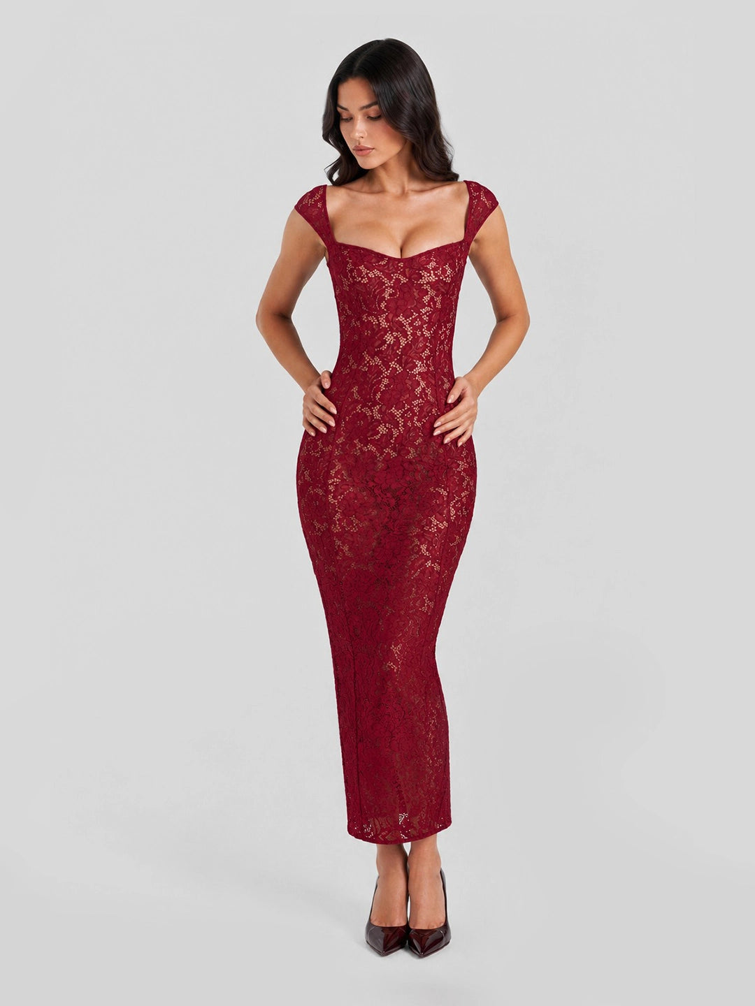 Lace Sweetheart Neck Midi Dress with Tuliped Hemline