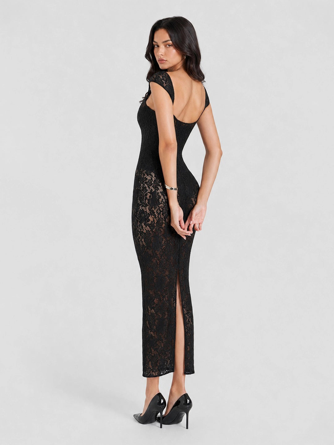 Lace Sweetheart Neck Midi Dress with Tuliped Hemline