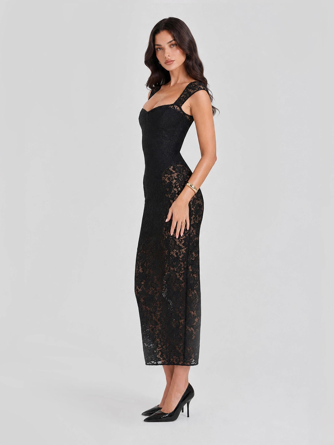 Lace Sweetheart Neck Midi Dress with Tuliped Hemline