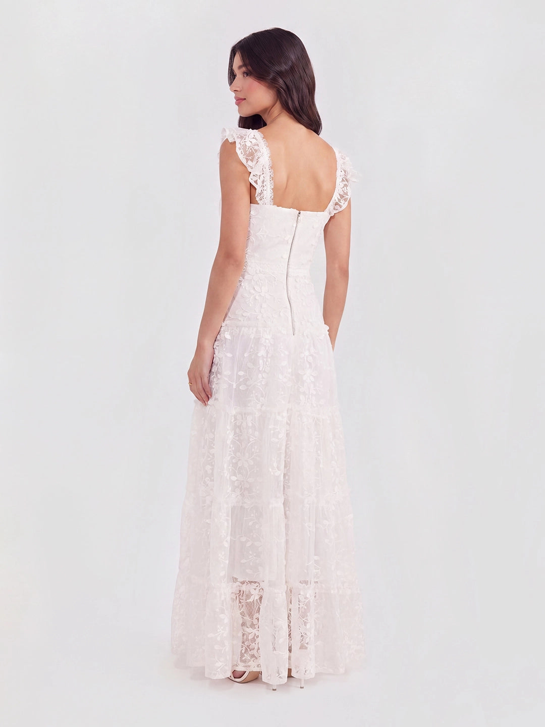 Tiered Vertical Lace Maxi Dress with Square Neckline