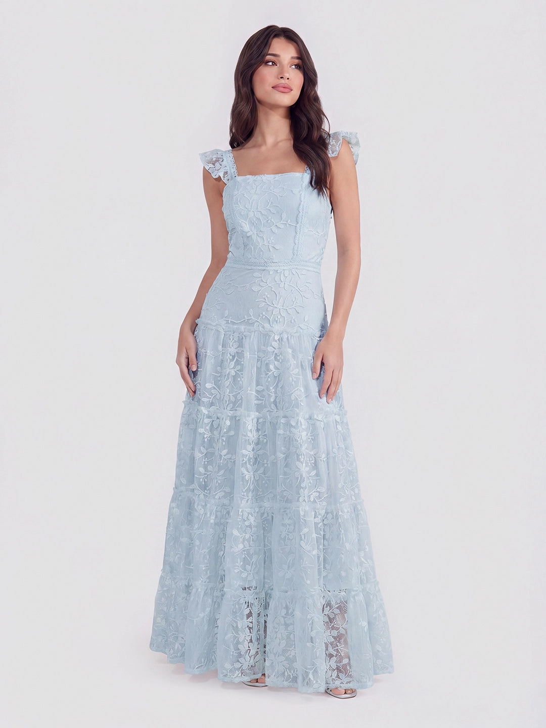 Tiered Vertical Lace Maxi Dress with Square Neckline