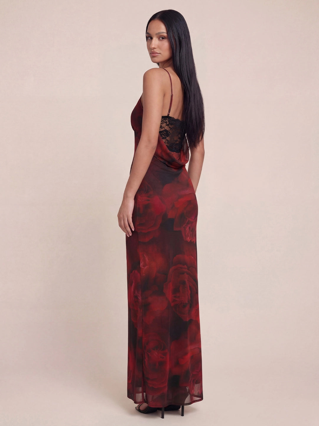 Valentine's Day Exclusive - Lace Trim Cowl Back Floral Mesh Maxi Dress