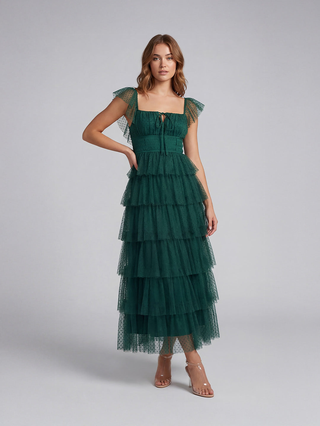 Layered ruffled tulle maxi dress