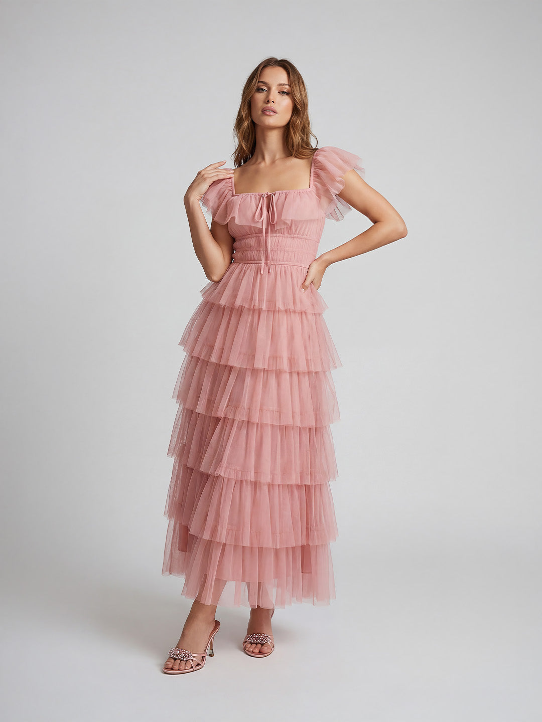 Layered ruffled tulle maxi dress