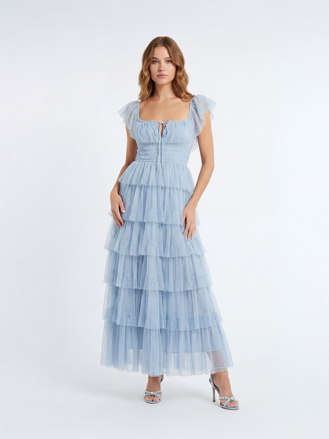 Layered ruffled tulle maxi dress
