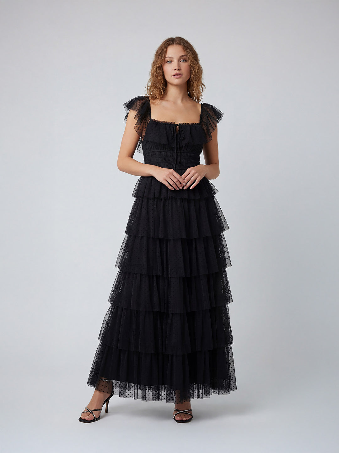 Layered ruffled tulle maxi dress