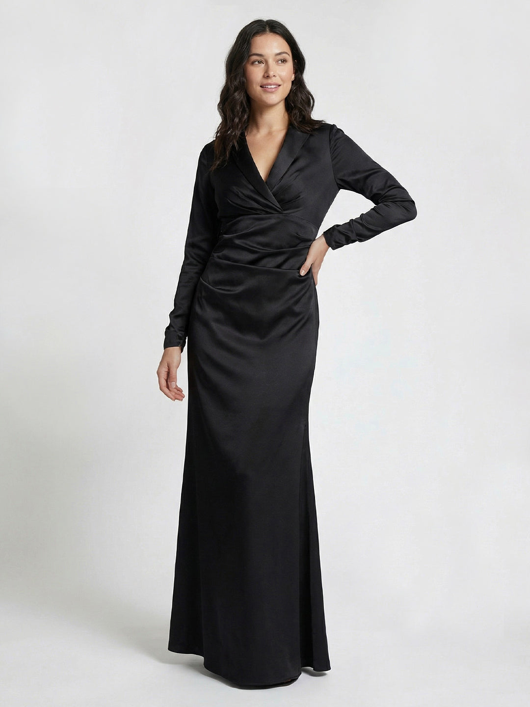 Long Sleeve Taffeta Tuxedo Gown In Black