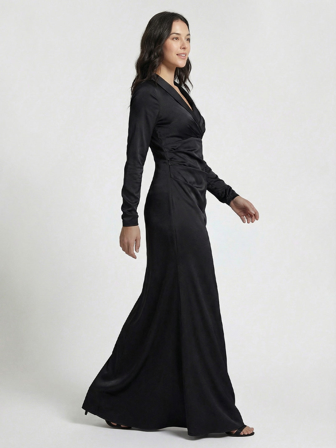 Long Sleeve Taffeta Tuxedo Gown In Black