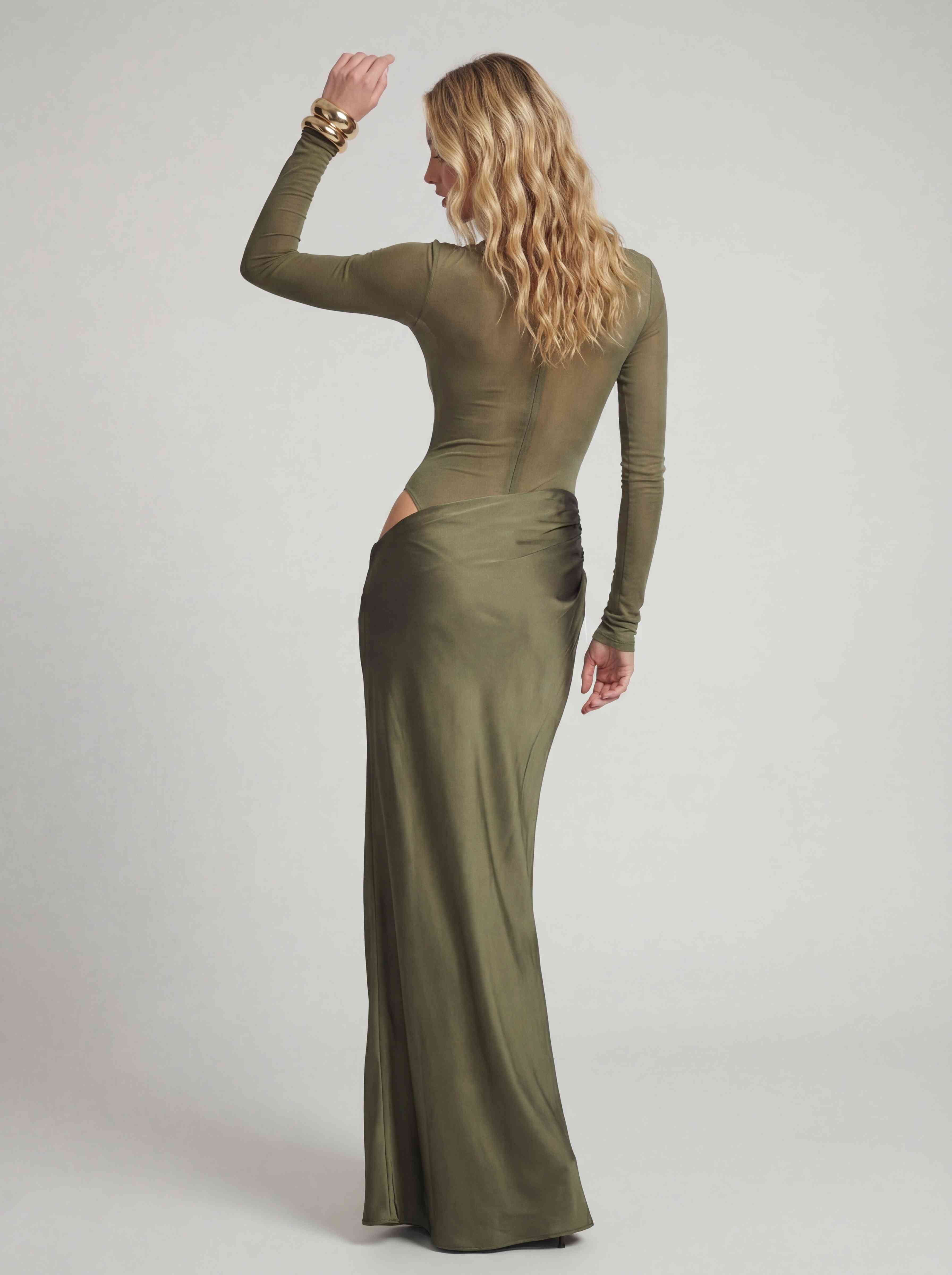 Mesh Bodysuit & Pleated Satin Cut-out Maxi Dress