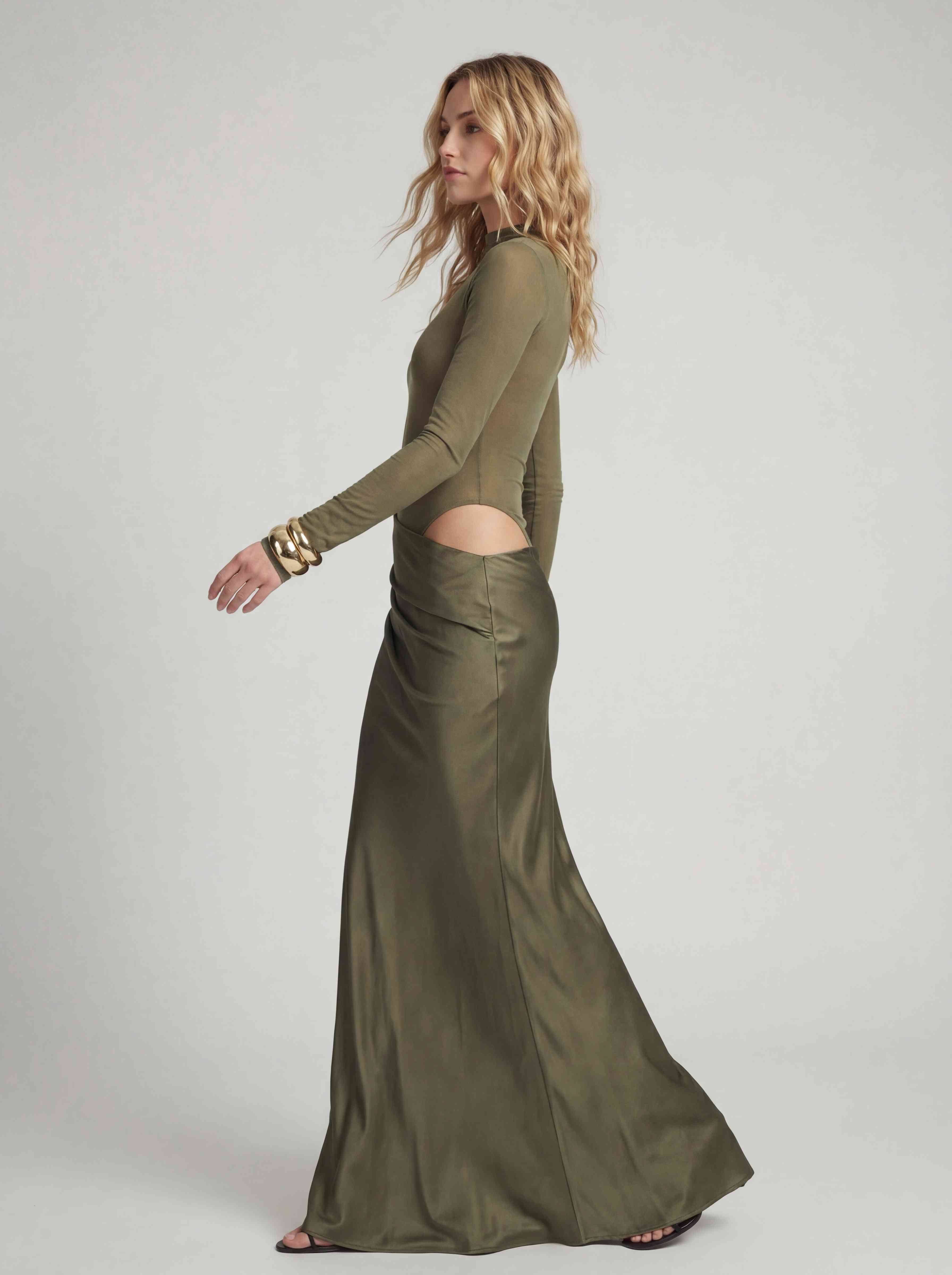 Mesh Bodysuit & Pleated Satin Cut-out Maxi Dress