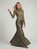 Mesh Bodysuit & Pleated Satin Cut-out Maxi Dress
