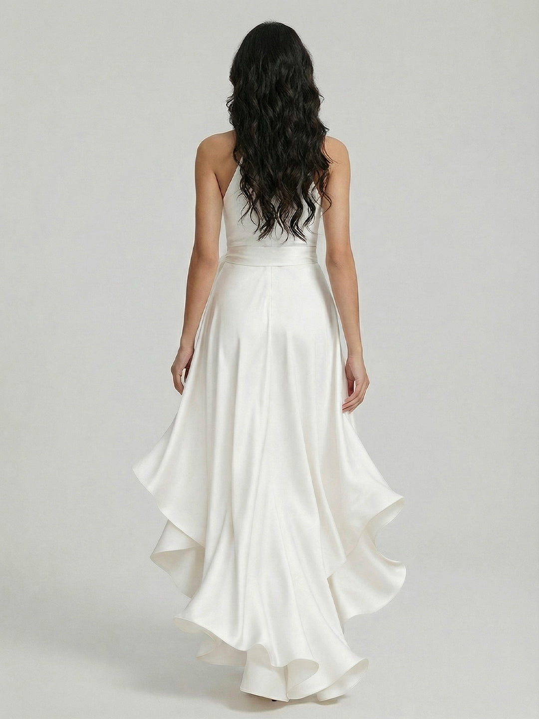 Midnight Elegance Satin Halter Ruffle Gown