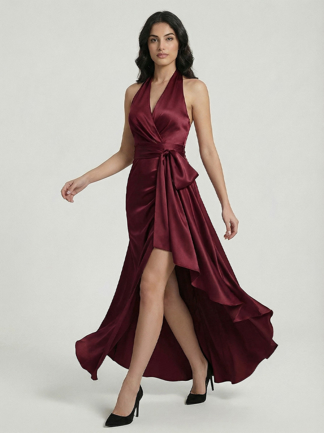 Midnight Elegance Satin Halter Ruffle Gown