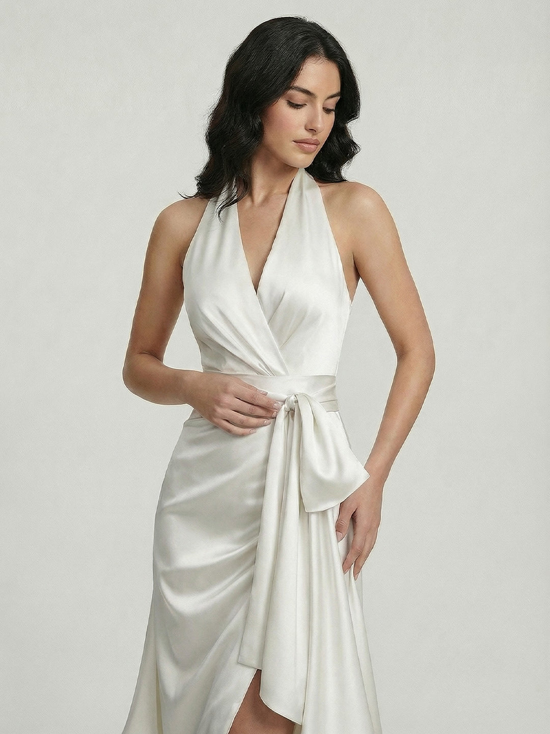 Midnight Elegance Satin Halter Ruffle Gown