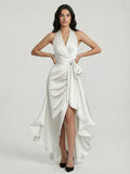 Midnight Elegance Satin Halter Ruffle Gown