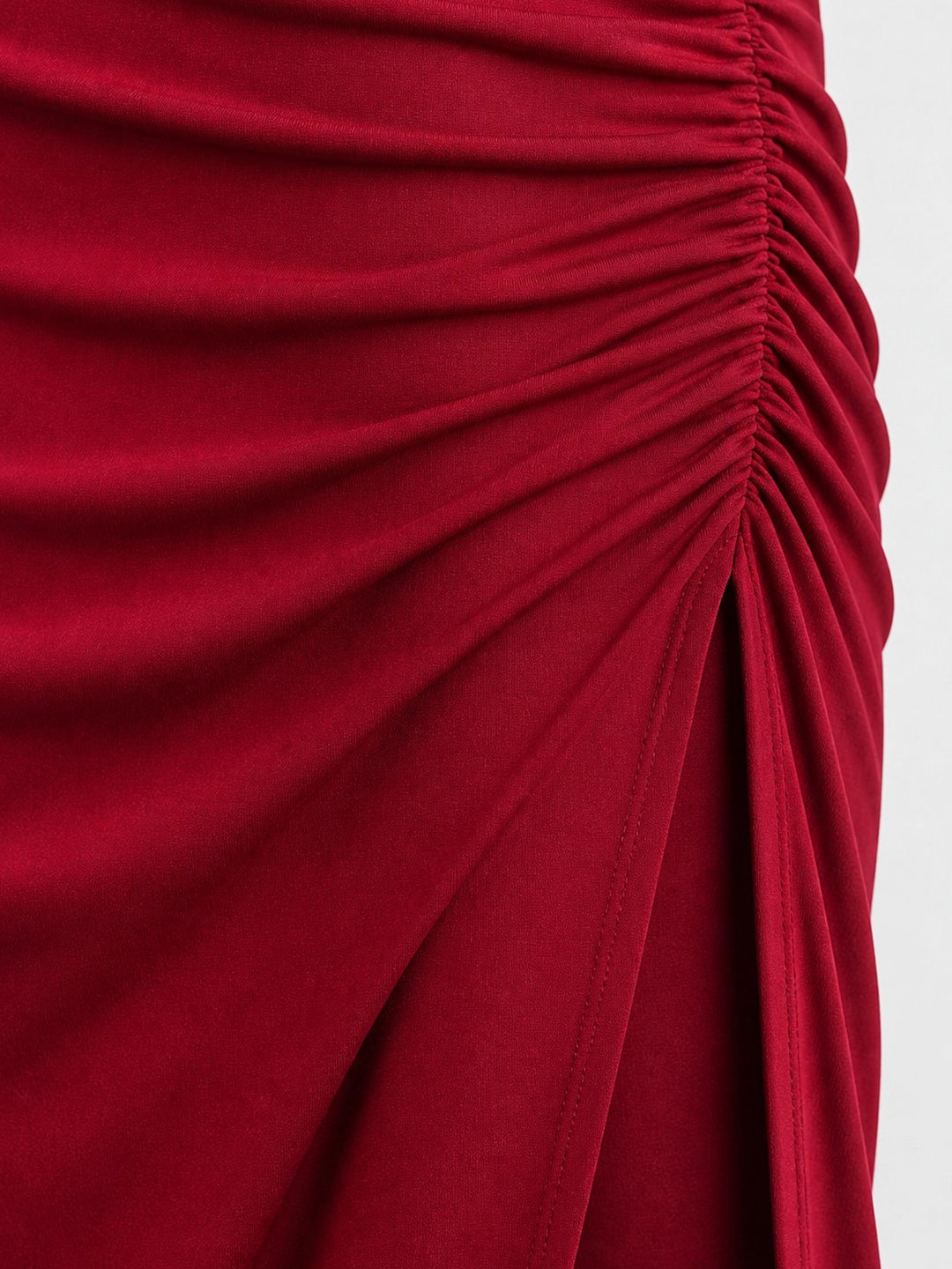 Mock Neck Ruched High Slit Evening Maxi Dress