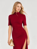 Mock Neck Ruched High Slit Evening Maxi Dress