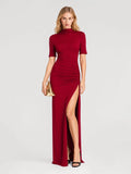 Mock Neck Ruched High Slit Evening Maxi Dress
