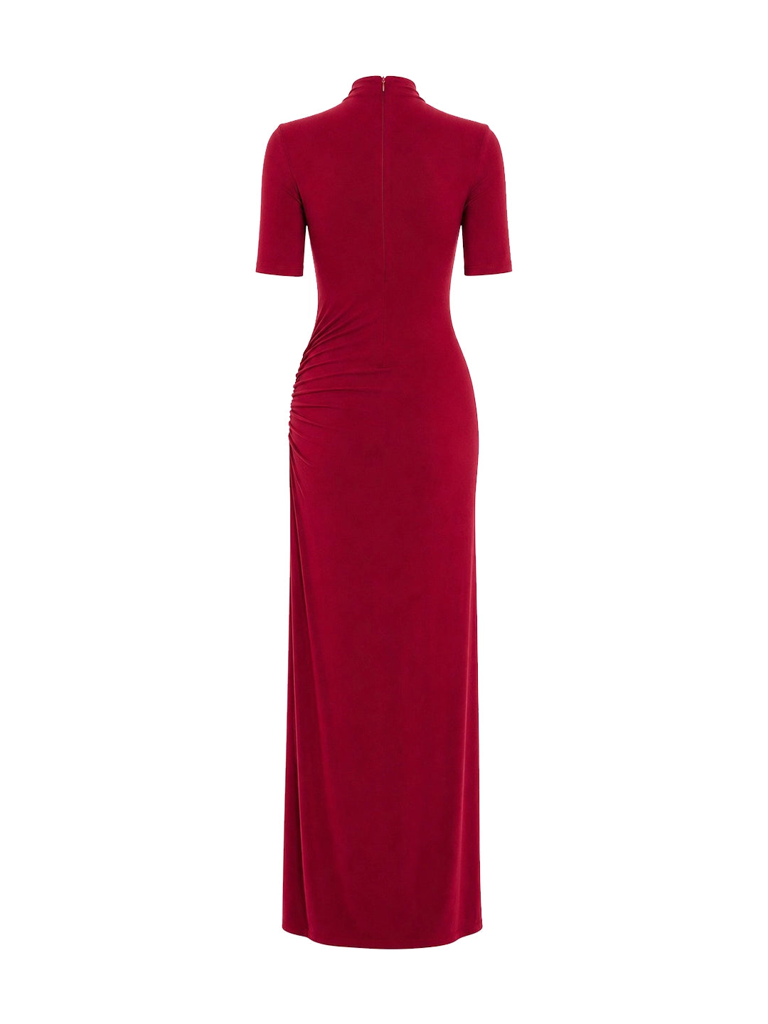 Mock Neck Ruched High Slit Evening Maxi Dress