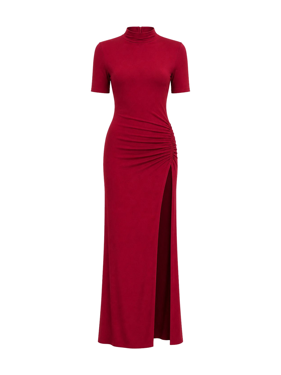 Mock Neck Ruched High Slit Evening Maxi Dress