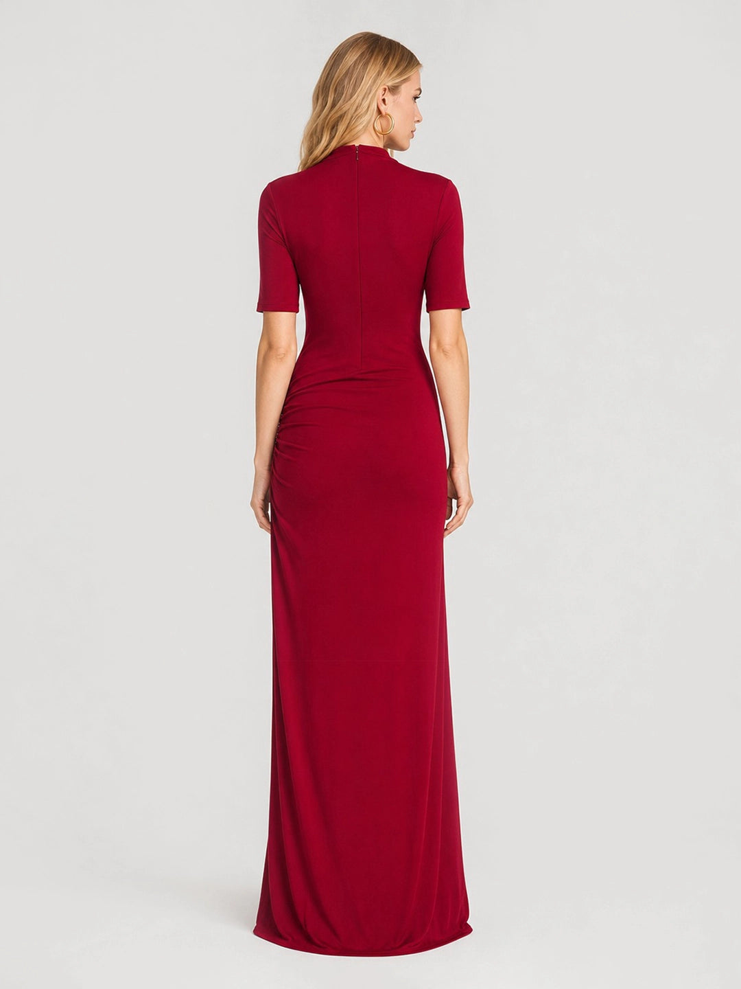 Mock Neck Ruched High Slit Evening Maxi Dress