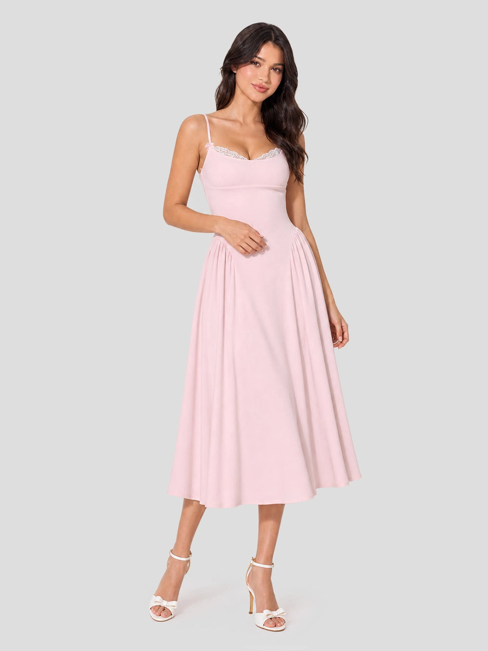 Vintage Lace Trim Midi Slip Sundress with Side Ruched