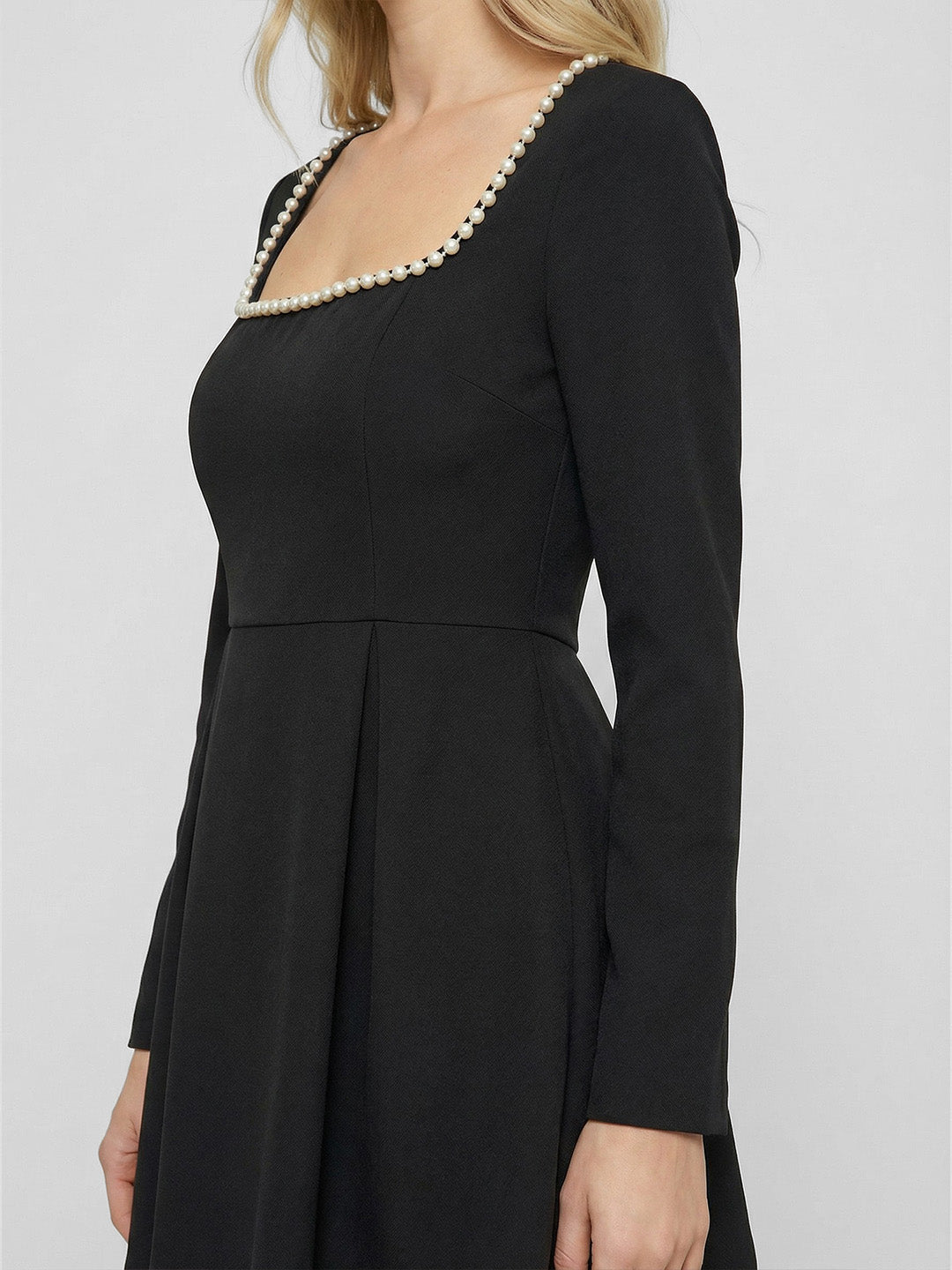 Long-Sleeve Pearl Trim Mini Dress