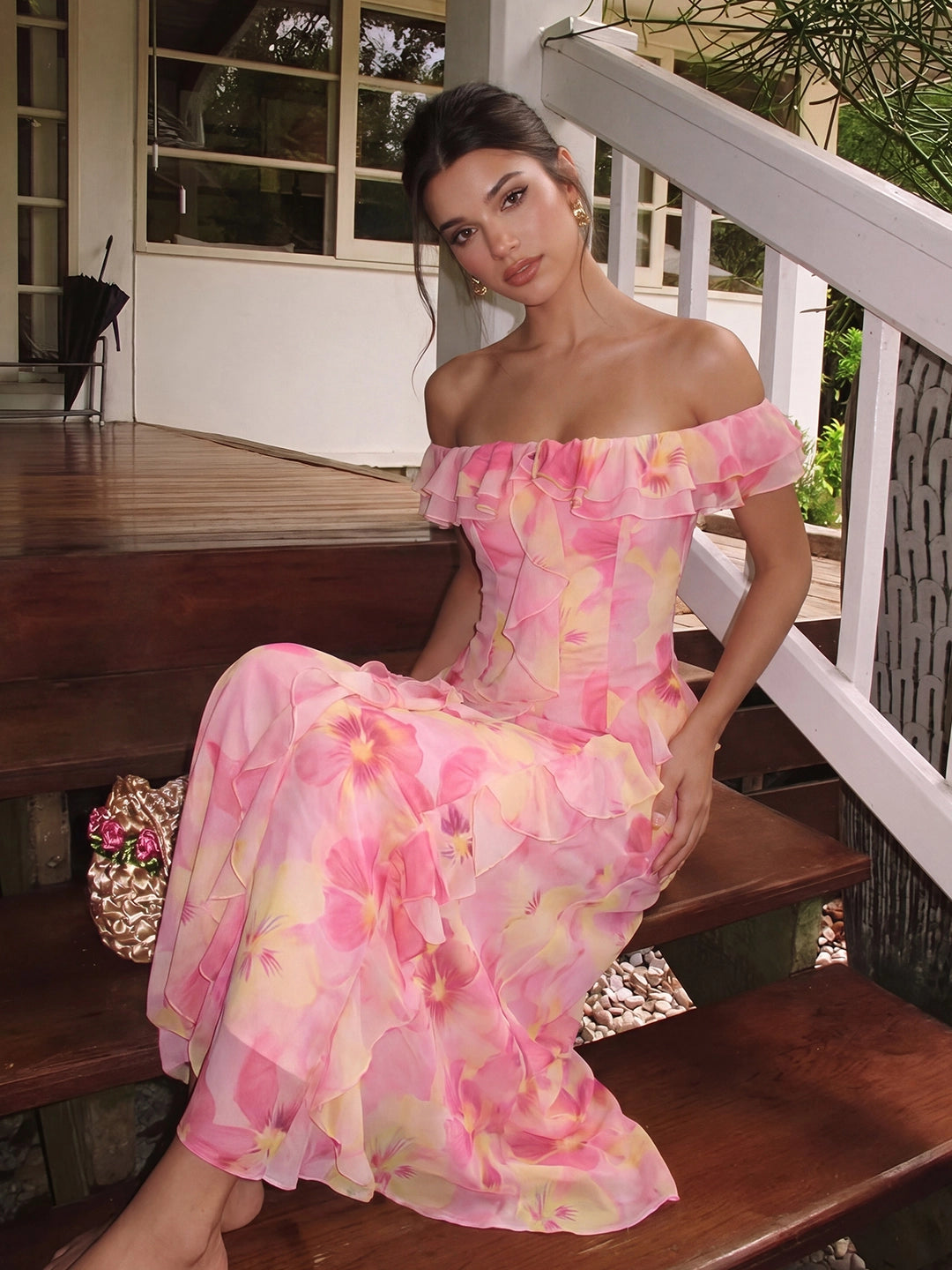 Off-Shoulder Ruffle Trim Maxi Dress