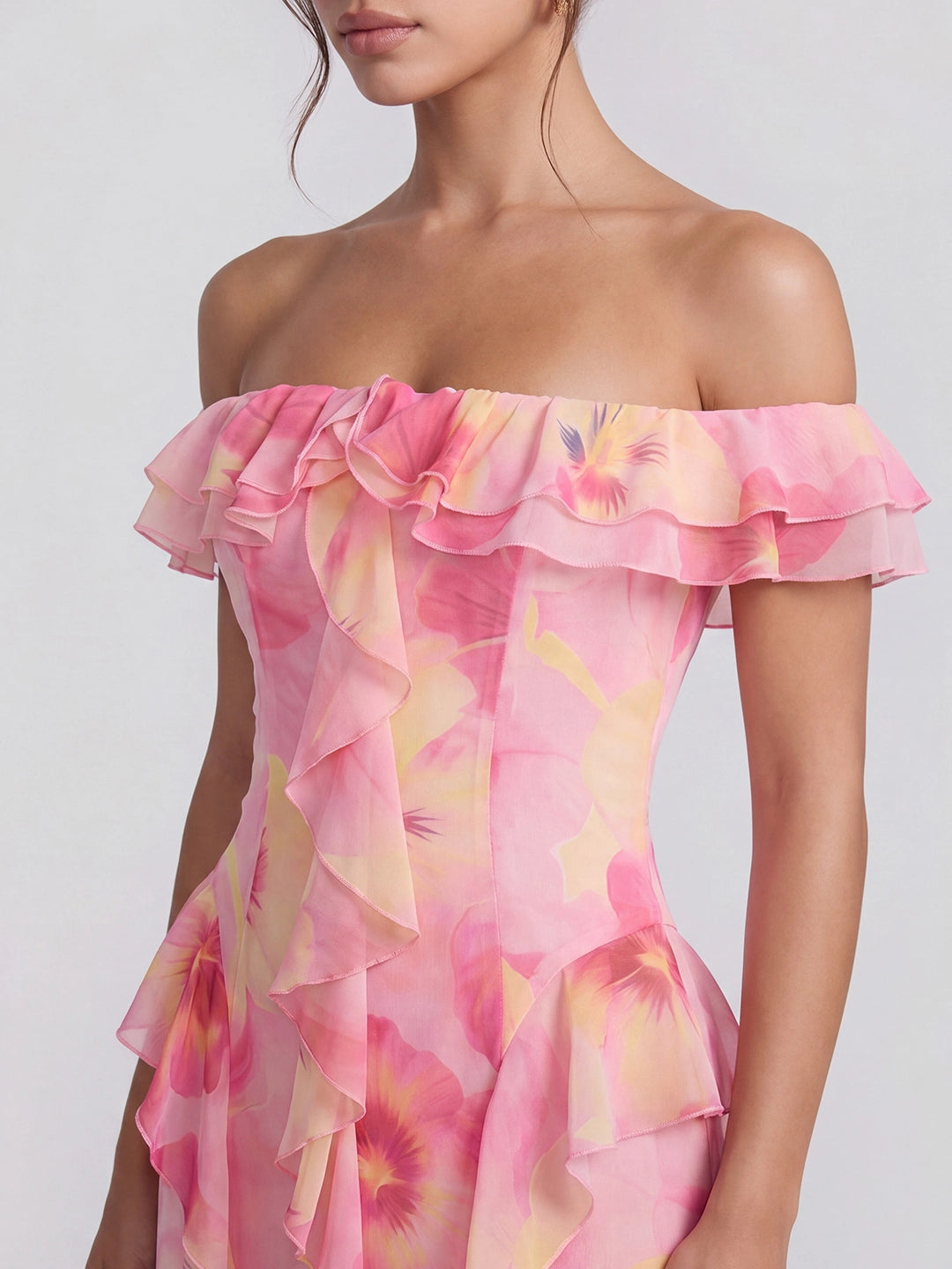 Off-Shoulder Ruffle Trim Maxi Dress