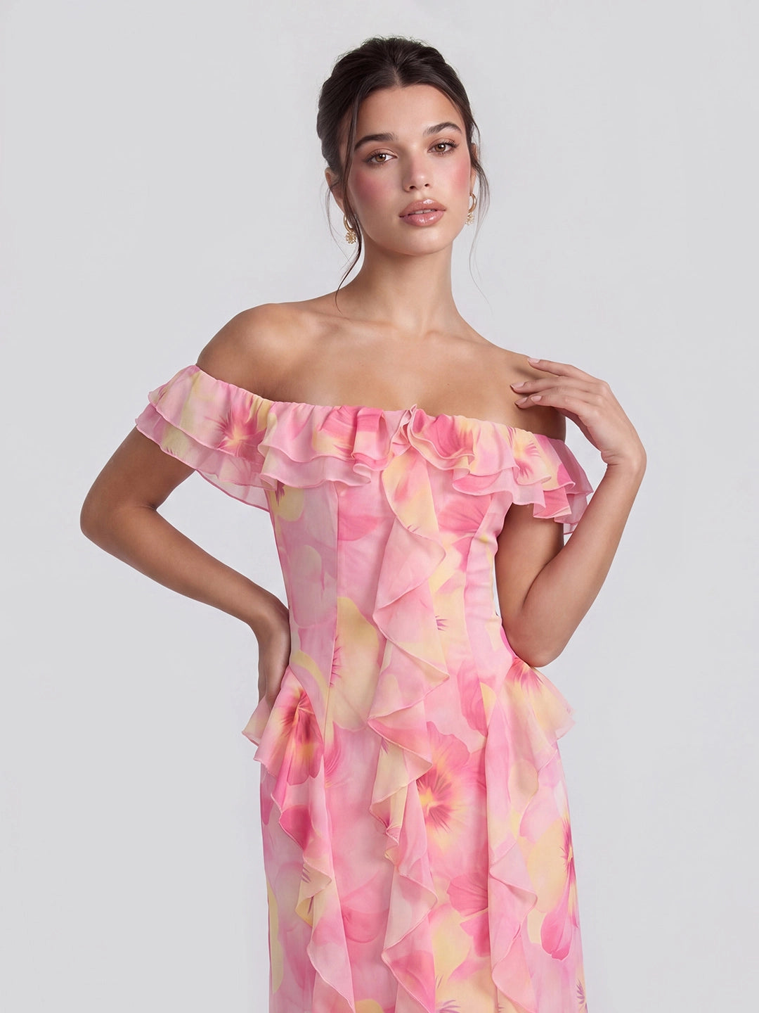 Off-Shoulder Ruffle Trim Maxi Dress