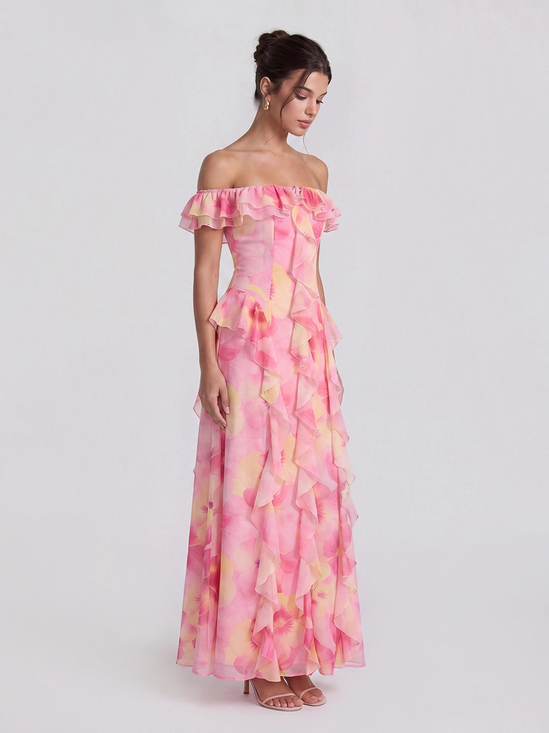 Off-Shoulder Ruffle Trim Maxi Dress
