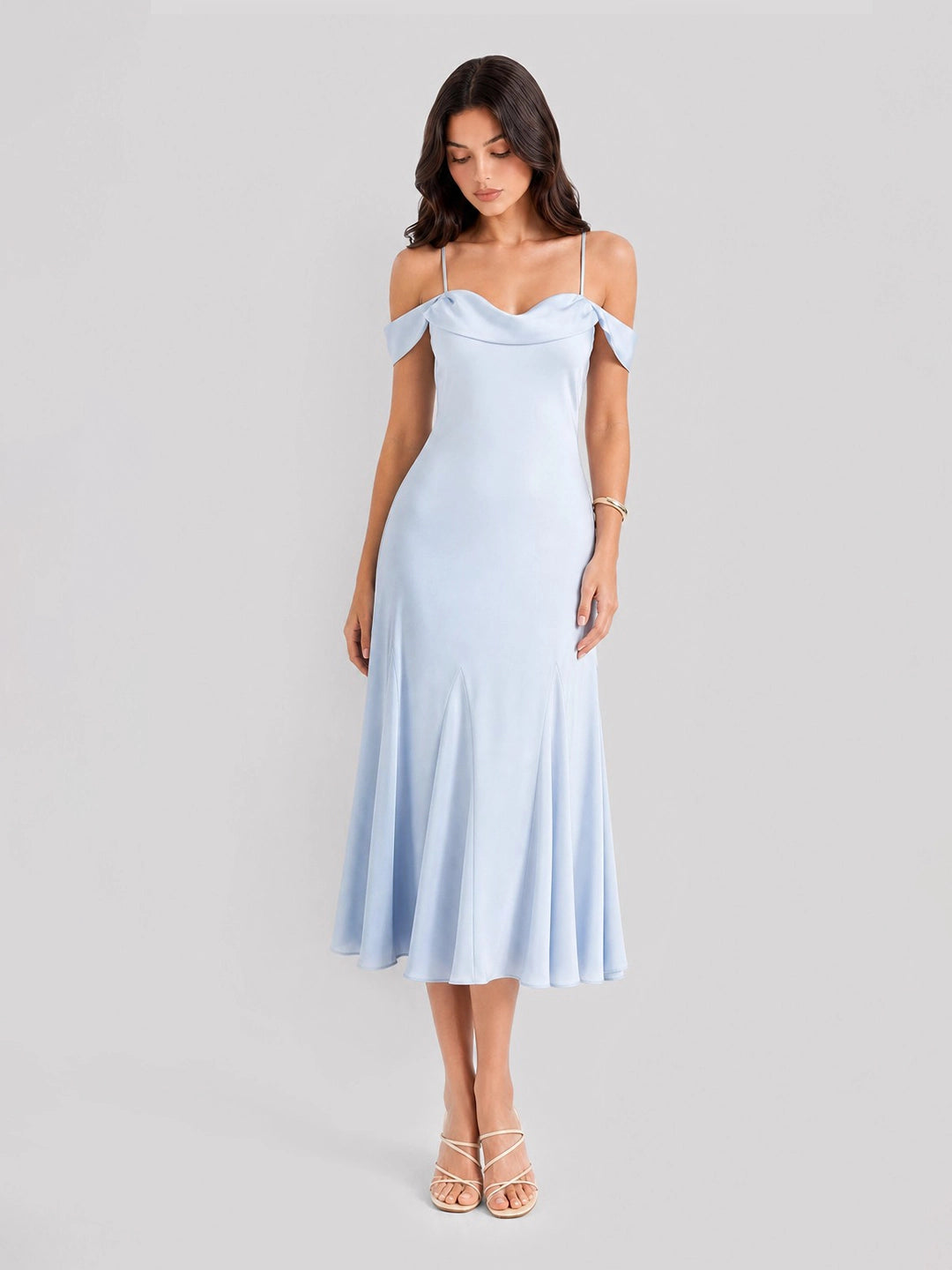 Off Shoulder Satin Bias-cut Midi Dress