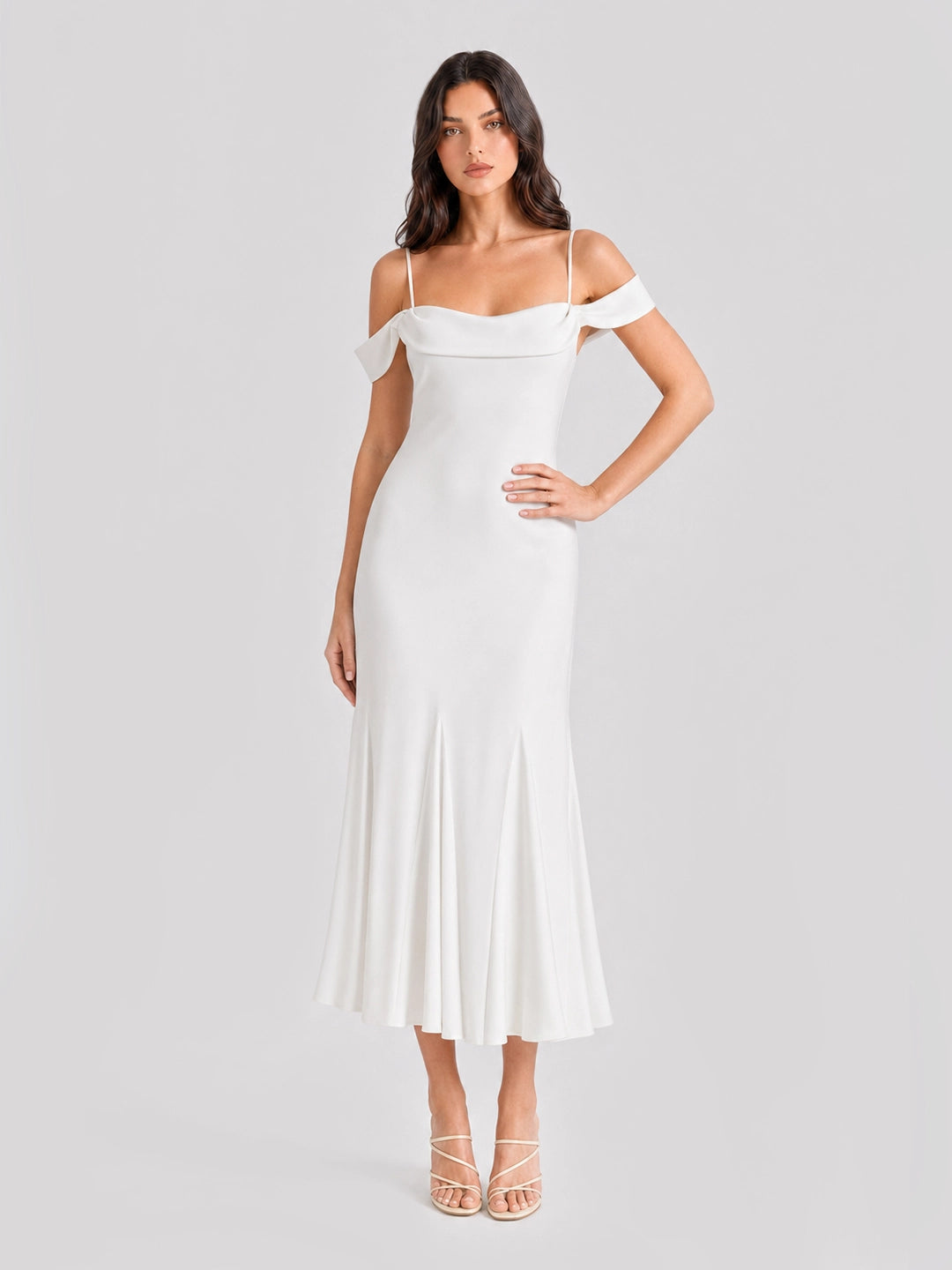 Off Shoulder Satin Bias-cut Midi Dress