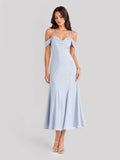Off Shoulder Satin Bias-cut Midi Dress