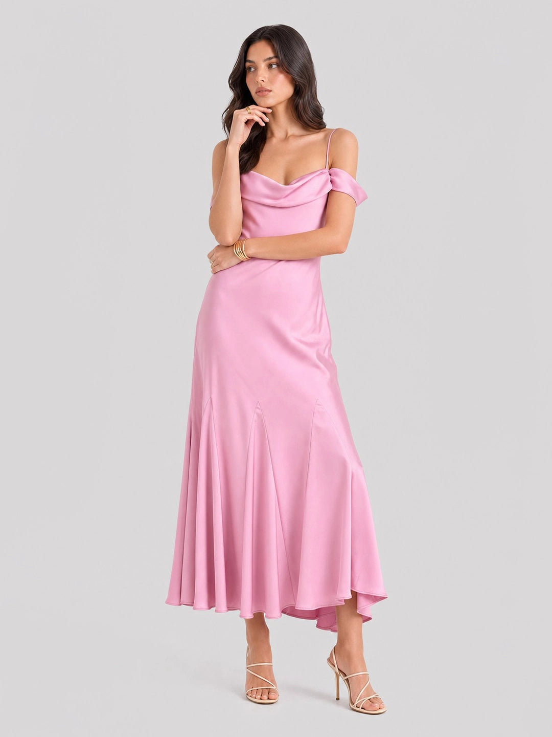 Off Shoulder Satin Bias-cut Midi Dress