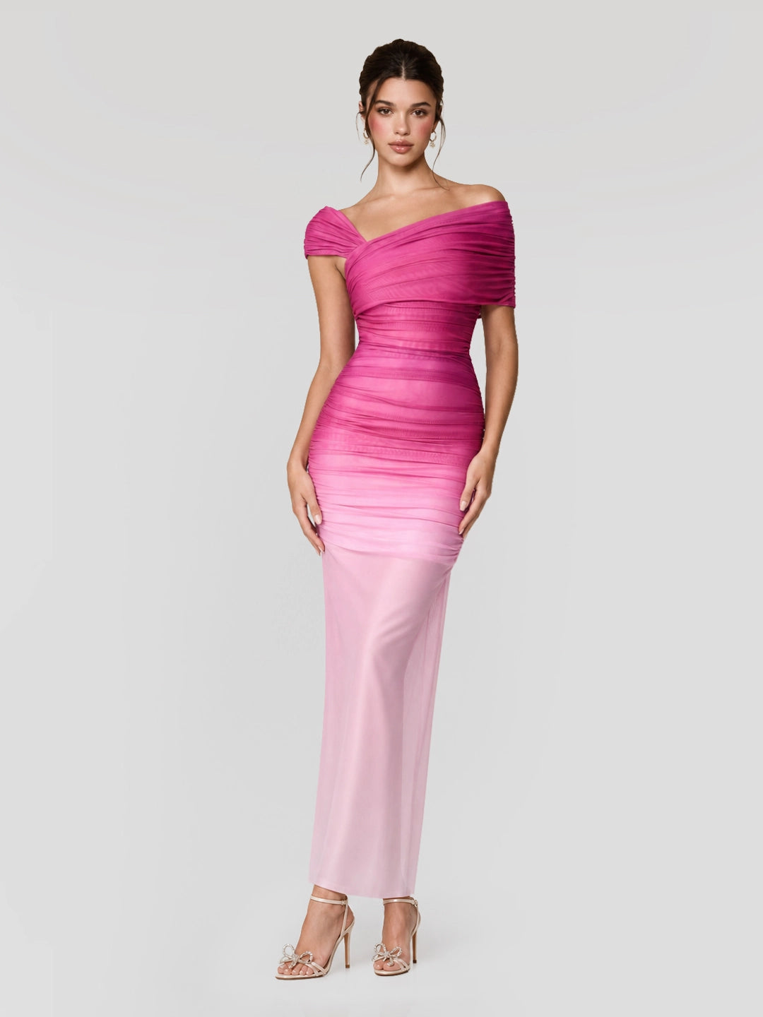 Ombre Sheer Ruched One Shoulder Maxi Dress
