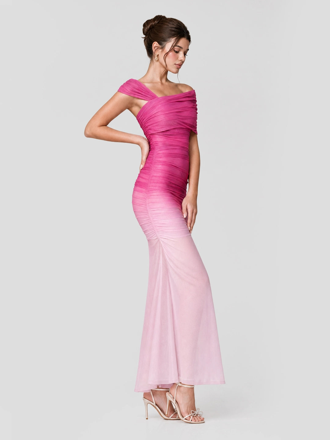 Ombre Sheer Ruched One Shoulder Maxi Dress