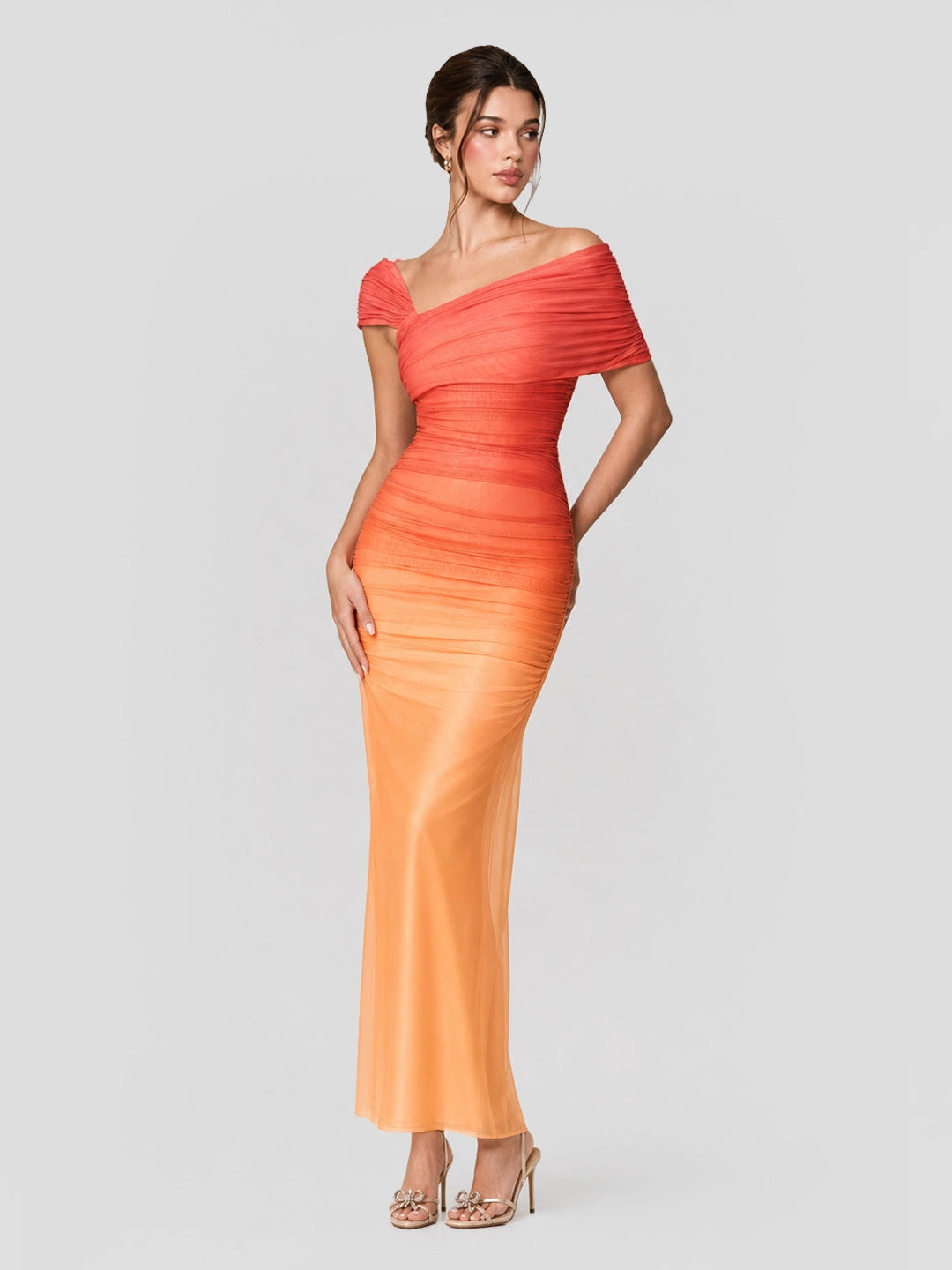 Ombre Sheer Ruched One Shoulder Maxi Dress