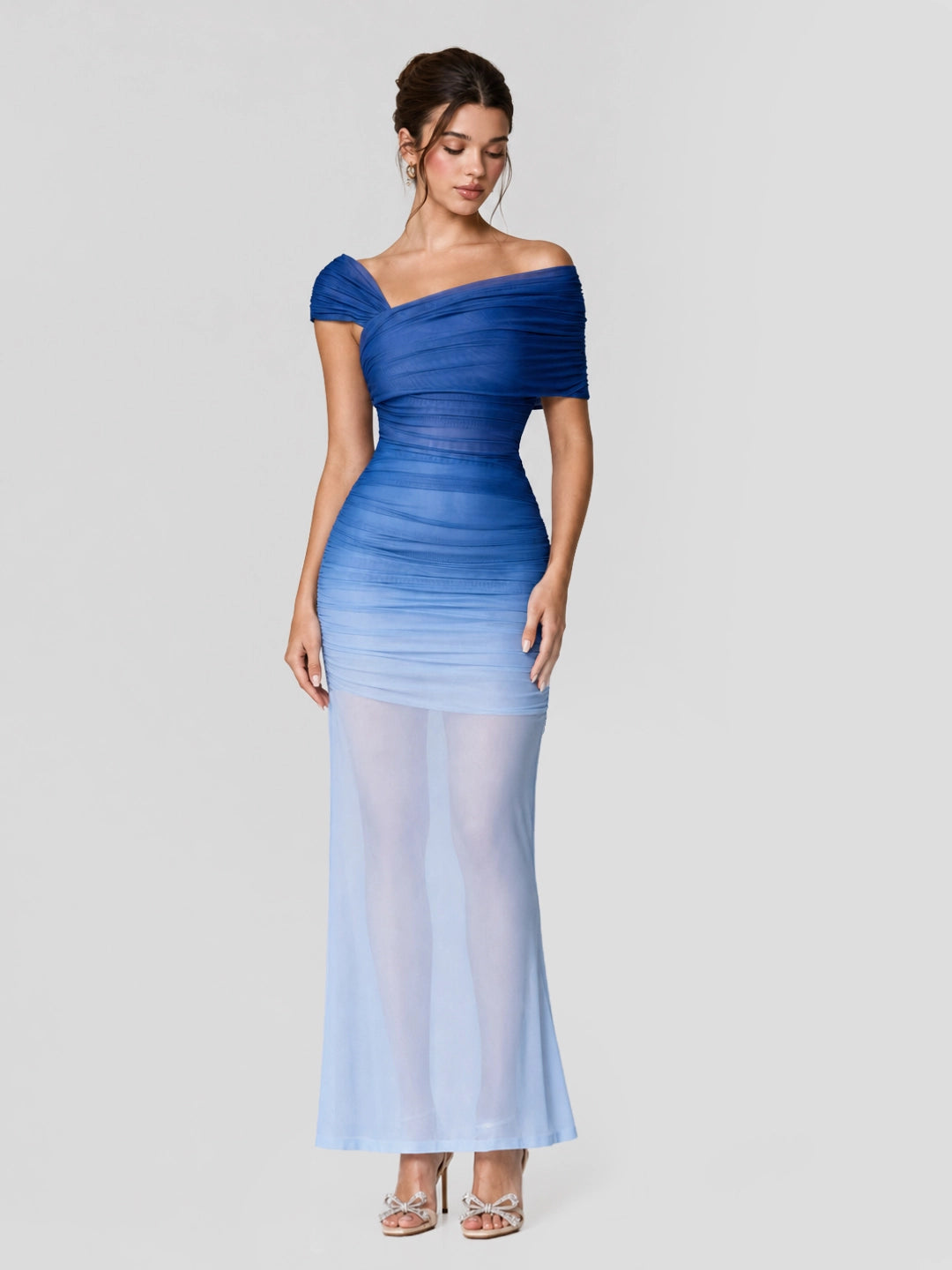 Ombre Sheer Ruched One Shoulder Maxi Dress