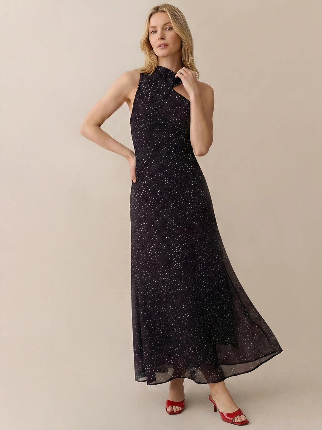 One-Shoulder Dress with Attached Scarf in Polka Dot Chiffon