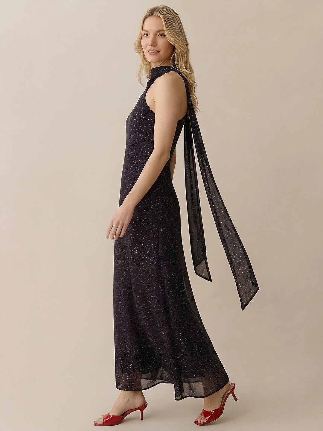 One-Shoulder Dress with Attached Scarf in Polka Dot Chiffon