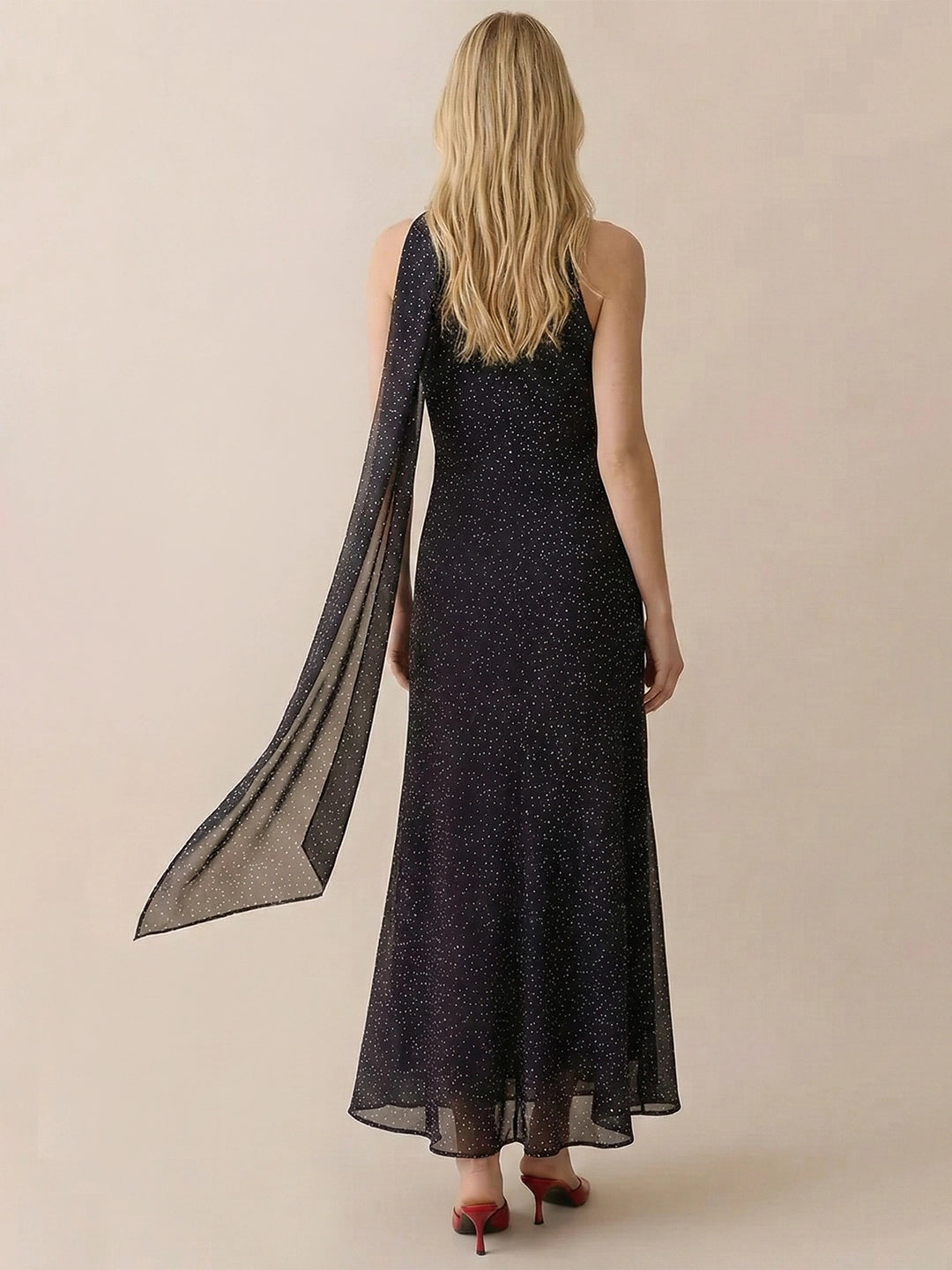 One-Shoulder Dress with Attached Scarf in Polka Dot Chiffon