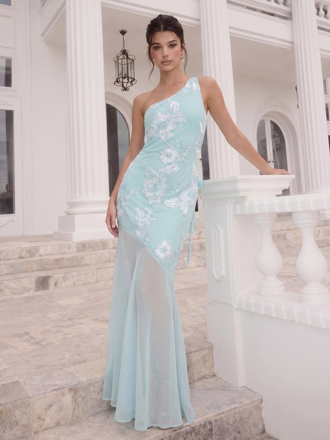 One-Shoulder Sheer Hem Maxi Dress